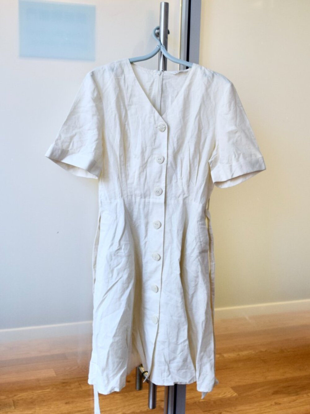 Off White Linen Cotton Short Sleeve Dress - Prich